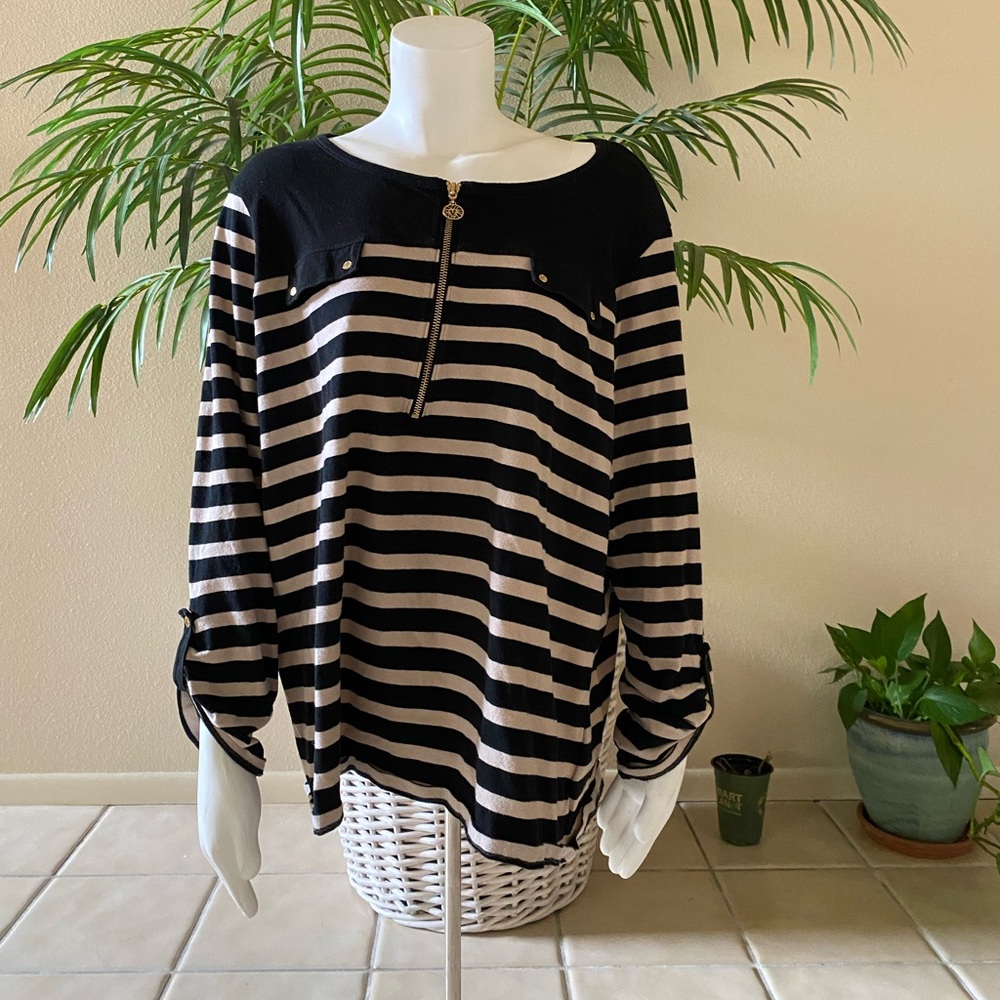 Black and white striped long sleeve blouse